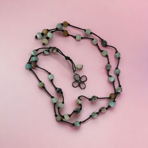 Calcite Beaded Hand Knotted Lariat Long Necklace with Glass Flower Pendant